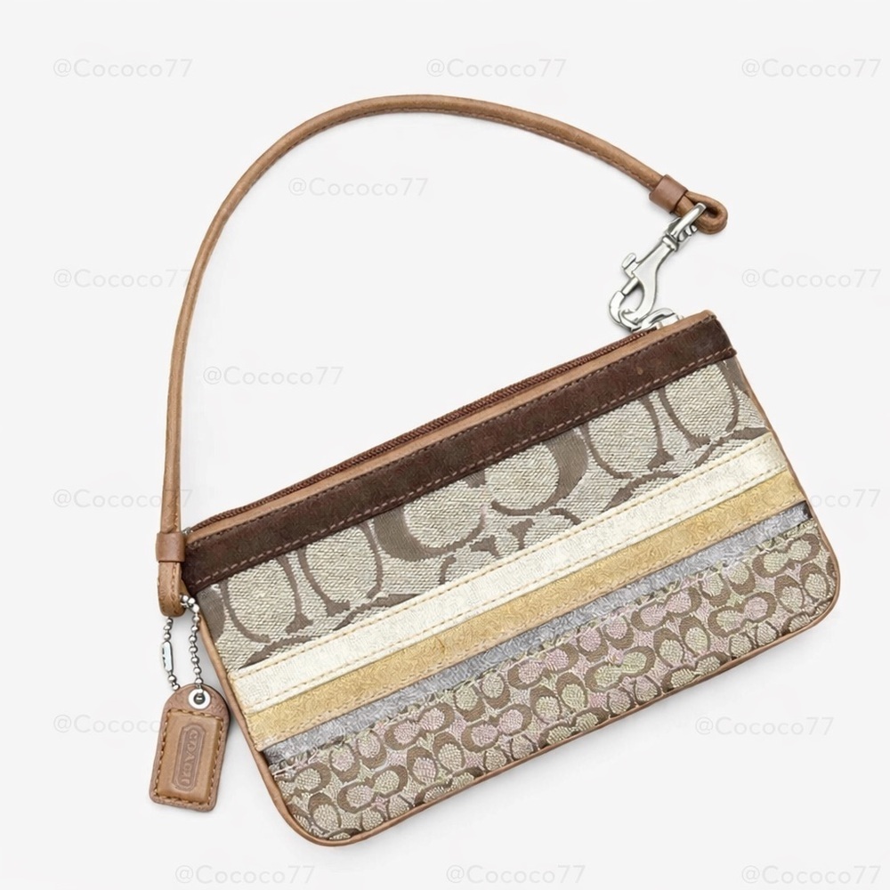 Coach Signature Patchwork Stripe Wristlet Clutch Brown Tan Canvas Y2K